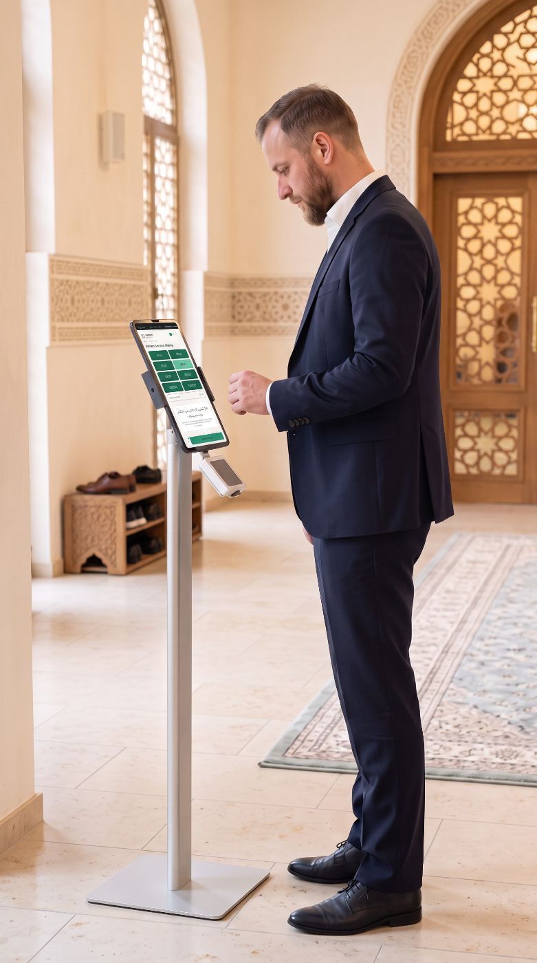 Ein Besucher spendet an der Spendensäule in der Moschee